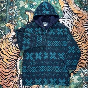 Vintage Woolrich Woman Nordic Navajo Hooded Wool Coat Jacket Small Blue USA Made